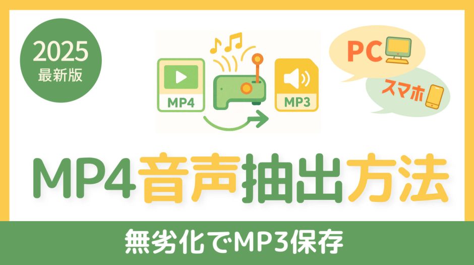 MP4動画から音声を無劣化で抽出し、MP3として保存する方法の解説図。パソコン、スマートフォン、変換ソフトのイメージイラスト。