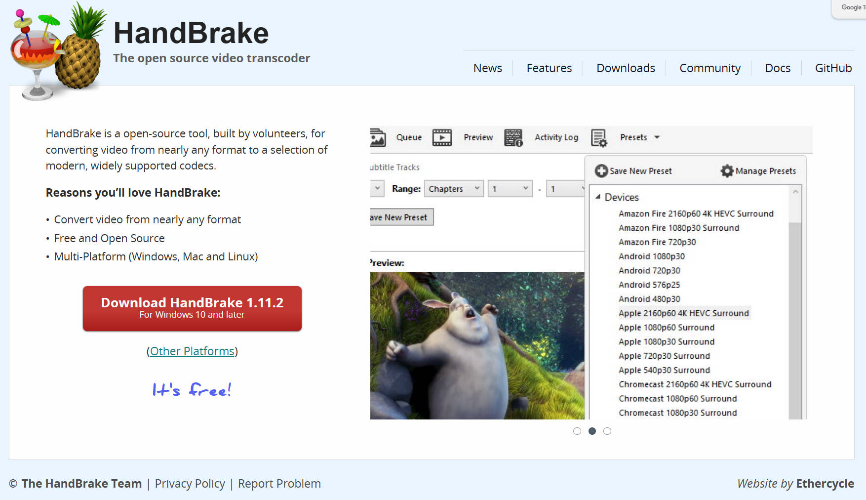 HandBrakeのダウンロード画面